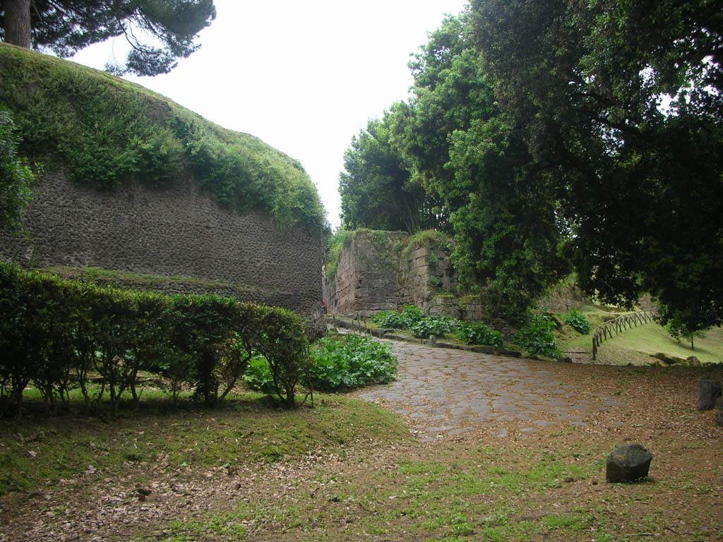Walls on east side of Pompeii. May 2010. Looking northwest towards